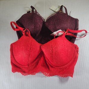 2 Aerie Red & Maroon Lace Longline Underwire Supportive Balconette Bra Size 32D